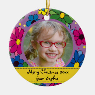 Mooie paarse bloem kinderfoto frame Kerstmis Keramisch Ornament