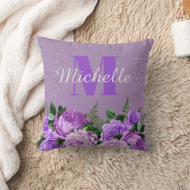 Mooie paarse bloem zilveren glitters monogram  kussen (Deken)