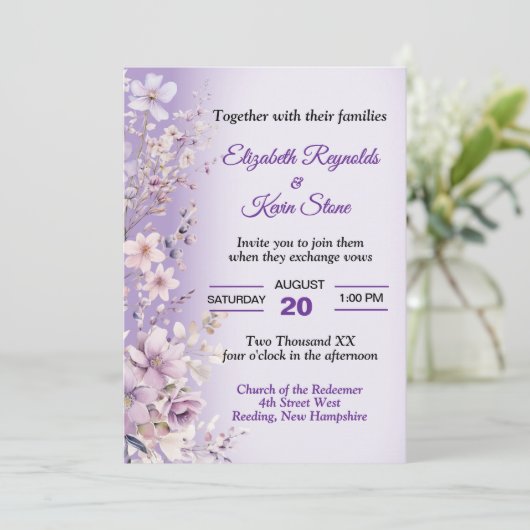 Mooie paarse bloemen bruiloft kaart (Staand voorkant)