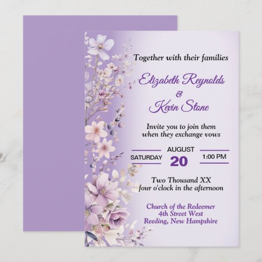 Mooie paarse bloemen bruiloft kaart (Voorkant / Achterkant)