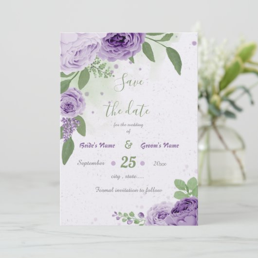 mooie paarse bloemen groene bladeren botanisch save the date (Staand voorkant)
