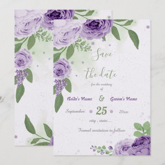 mooie paarse bloemen groene bladeren botanisch save the date (Voorkant / Achterkant)