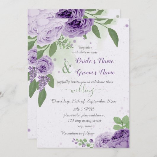 mooie paarse bloemen groene bladeren bruiloft kaart (Voorkant / Achterkant)