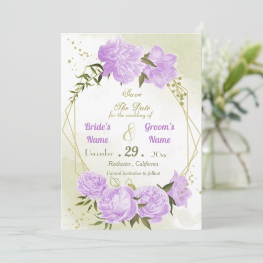 mooie paarse bloemen groene bladeren geometrisch save the date (Staand voorkant)