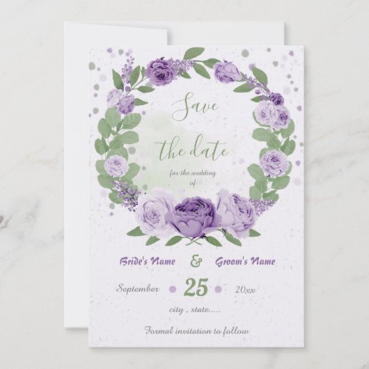 mooie paarse bloemen groene bladeren save the date (Voorkant)