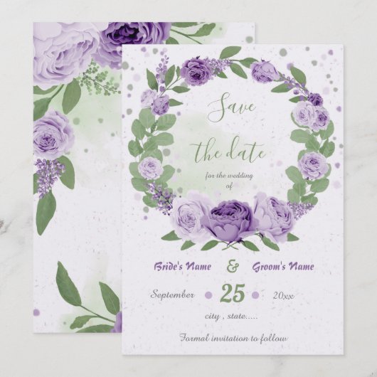 mooie paarse bloemen groene bladeren save the date (Voorkant / Achterkant)