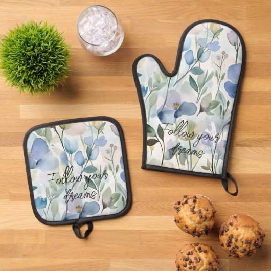 Mooie Paarse Bloemen  Ovenwant & Pannenlap Set (Top down)