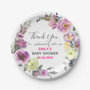 Mooie paarse bloemenkrans Dank je wel Baby Shower Papieren Bordje