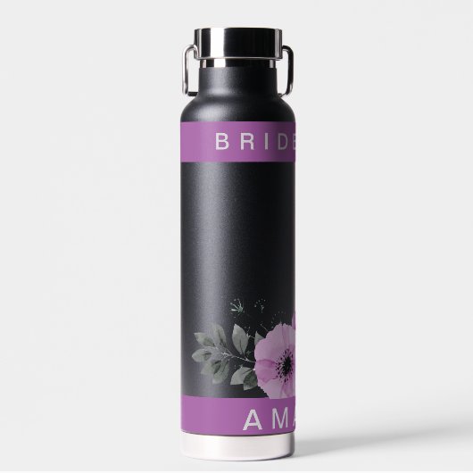 Mooie Paarse Bloemige Bruidsmeisje Naam Bruiloft Waterfles (Voorkant)