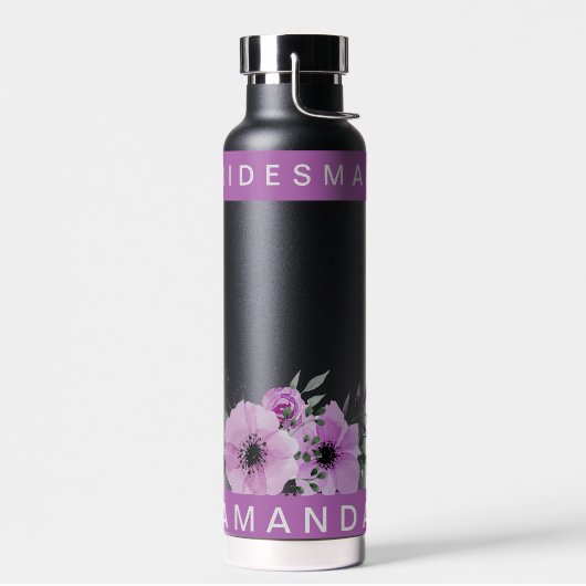 Mooie Paarse Bloemige Bruidsmeisje Naam Bruiloft Waterfles (Links)