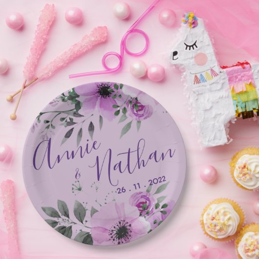 Mooie Paarse Bloemige Cute Romantische Trouwfeest Papieren Bordje (Feest)