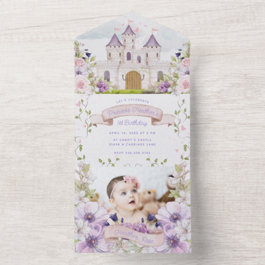 Mooie Paarse bloemprinses Eerste Verjaardag All In One Uitnodiging (Binnen)
