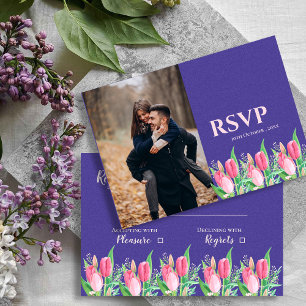 Mooie Paarse & Blos Tulpen Bloemen Foto Bruiloft RSVP Kaartje