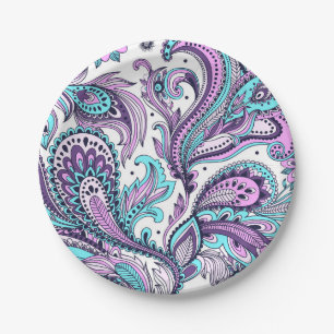 Mooie paarse en aqua paisley motief papieren bordje