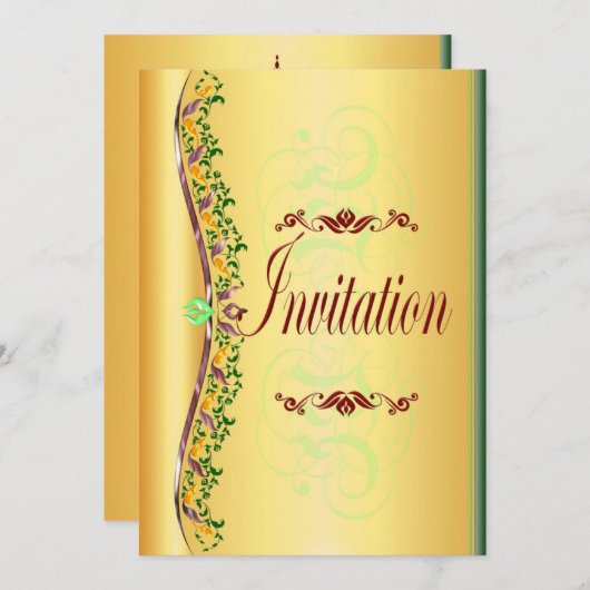 Mooie paarse en groene in gouden uitnodiging (Voorkant / Achterkant)