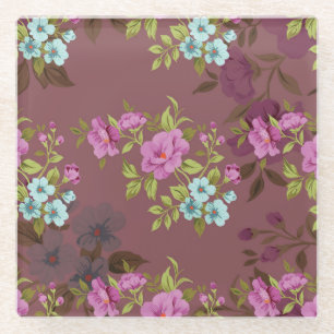 Mooie paarse en groene pastel bloemmotief glazen onderzetter