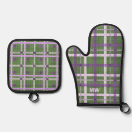 Mooie paarse en groene tinten ovenwant & pannenlap set
