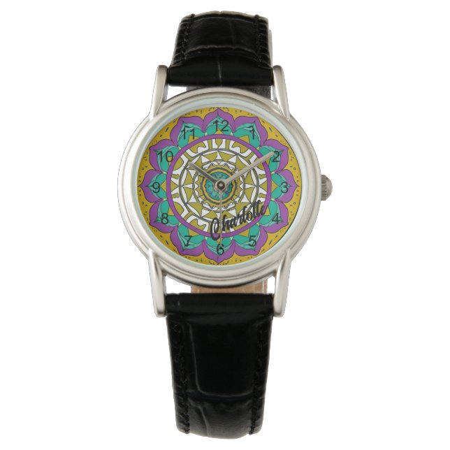 Mooie Paarse en groene ventilator Mandala Watch Horloge (Voorkant)