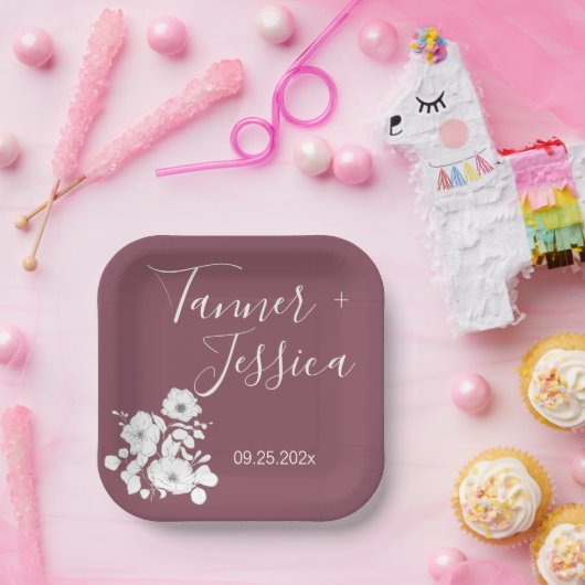 Mooie paarse en witte bloemige bruiloft papieren bordje (Feest)