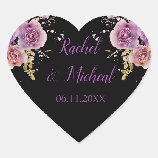 Mooie Paarse en zwarte Waterverf Bloemenbruiloft Hart Sticker (Voorkant)