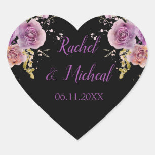 Mooie Paarse en zwarte Waterverf Bloemenbruiloft Hart Sticker