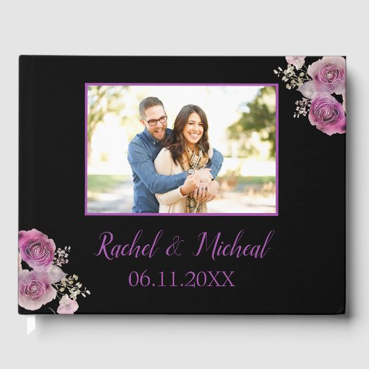 Mooie Paarse en zwarte Waterverf bruiloft Gastenboek (Voorkant)