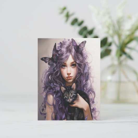 Mooie Paarse Fairy Vlinders Zwart Cat Briefkaart (Staand voorkant)