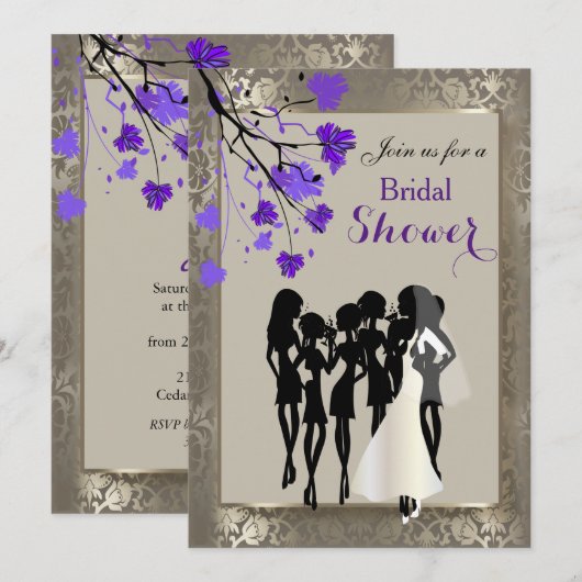 Mooie Paarse Floral en Antiek Silver Damask Kaart (Voorkant / Achterkant)