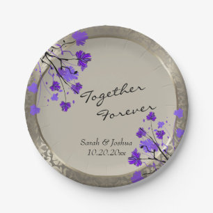 Mooie Paarse Floral en Antiek Silver Damask Papieren Bordje