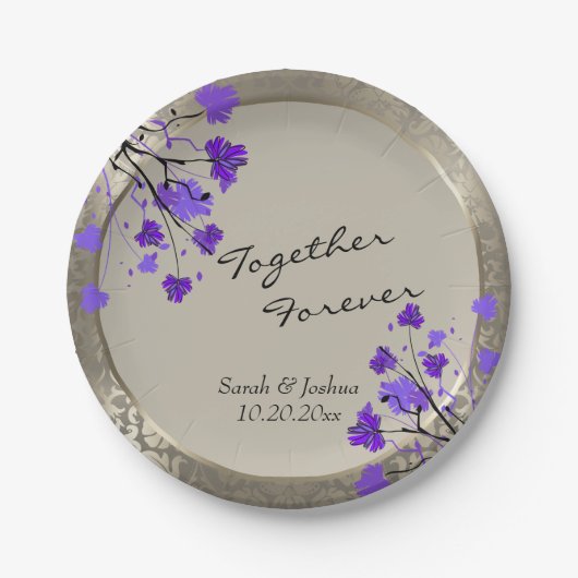 Mooie Paarse Floral en Antiek Silver Damask Papieren Bordje (Voorkant)