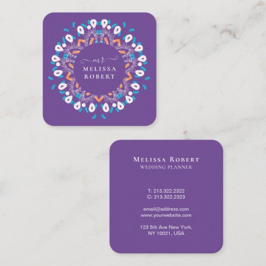 Mooie Paarse Floral Mandala Marble Monogrammed Vierkante Visitekaartje (Voorkant / Achterkant)