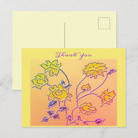 Mooie Paarse Gele Bloemige Dank Je Briefkaart (Voorkant / Achterkant)