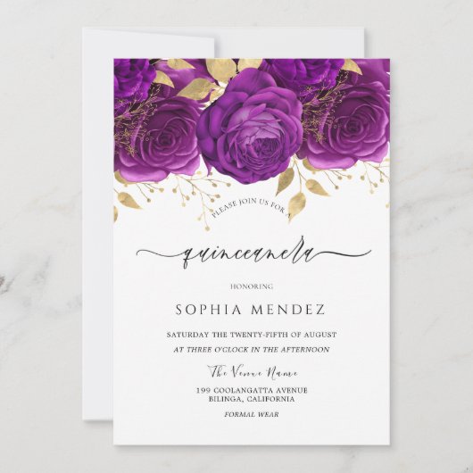 Mooie Paarse & Gouden Bloemrijke Schitterende Quin Kaart (Voorkant)