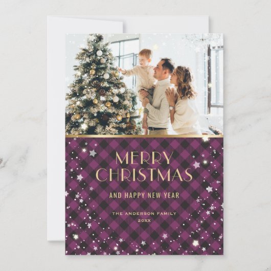 Mooie Paarse gouden buffel geruite foto Feestdagenkaart (Voorkant)