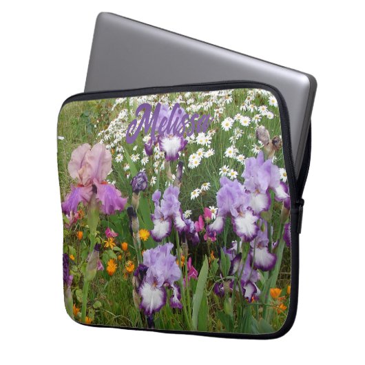 Mooie Paarse Iris Irissen bloementuin Laptop Sleeve (Voorkant Links)