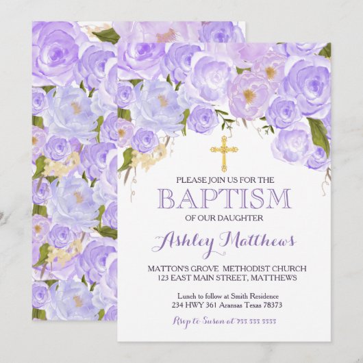 Mooie Paarse Lavendel BAPTISME Uitnodiging (Voorkant / Achterkant)