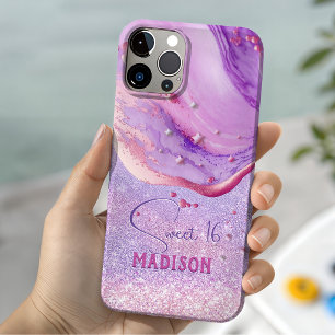 Mooie paarse marmeren kunst glinsterend monogram iPhone 15 case