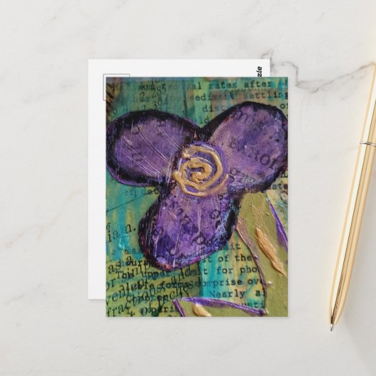Mooie Paarse Mixed Media Bloem Briefkaart (Voorkant / Achterkant in situ)