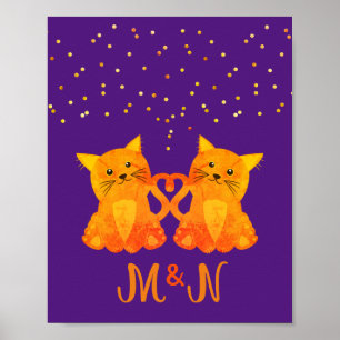 Mooie Paarse Oranje Kitten Koppel Twee Monogram Poster