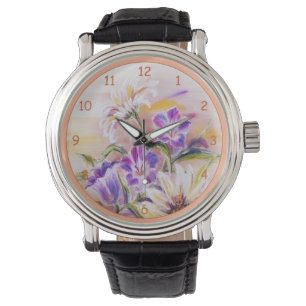 Mooie Paarse pasteelbloemen Horloge
