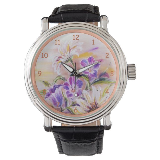 Mooie Paarse pasteelbloemen Horloge (Voorkant)