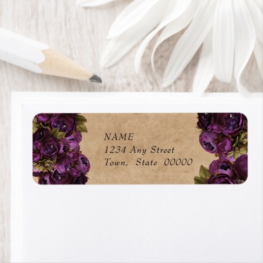 Mooie Paarse Pioenrozen, Rustiek Papier, Op Maat Etiket (Insitu)