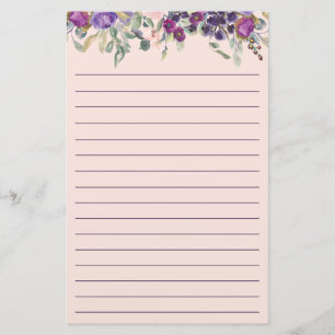 Mooie Paarse Roze Aquarel Bloemrijke Gelijnde  Briefpapier