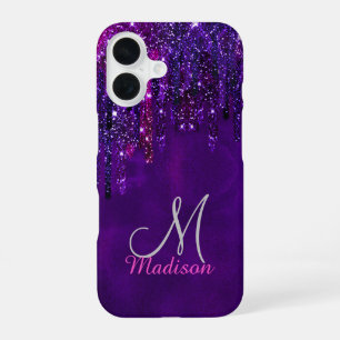 Mooie paarse roze eenhoorn glitterslijm monogram iPhone 16 hoesje
