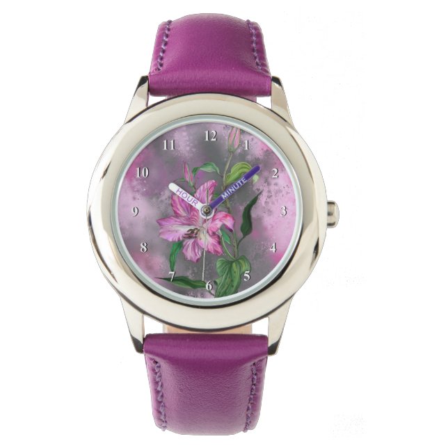 Mooie Paarse roze Lily Flower Watch schilderen Horloge (Voorkant)