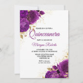 Mooie Paarse Rozen Gold Leaf Quinceanera Kaart (Voorkant)