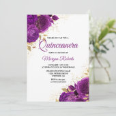 Mooie Paarse Rozen Gold Leaf Quinceanera Kaart (Staand voorkant)
