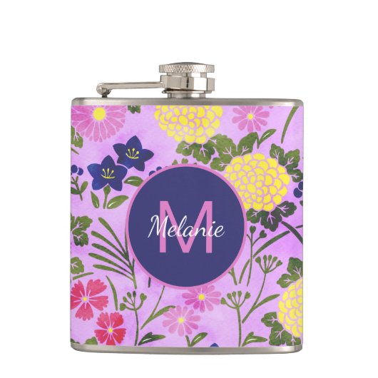 Mooie Paarse Vintage Bloem Patroon Persoonlijk Heupfles (Voorkant)