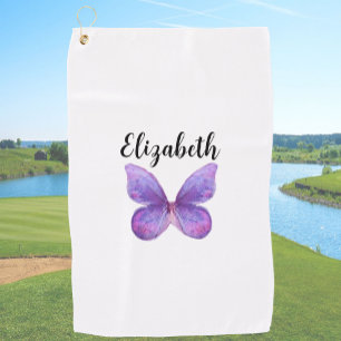 Mooie paarse vlinder met op maat gemaakte naam dam golfhanddoek
