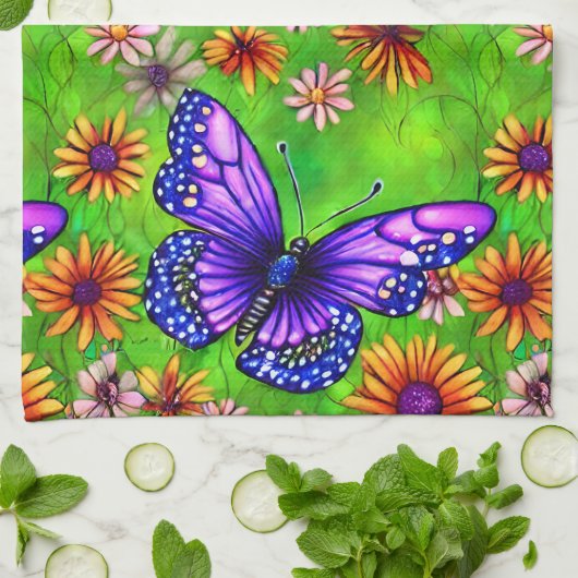 Mooie Paarse vlinderbloemenweide Theedoek (Gevouwen)